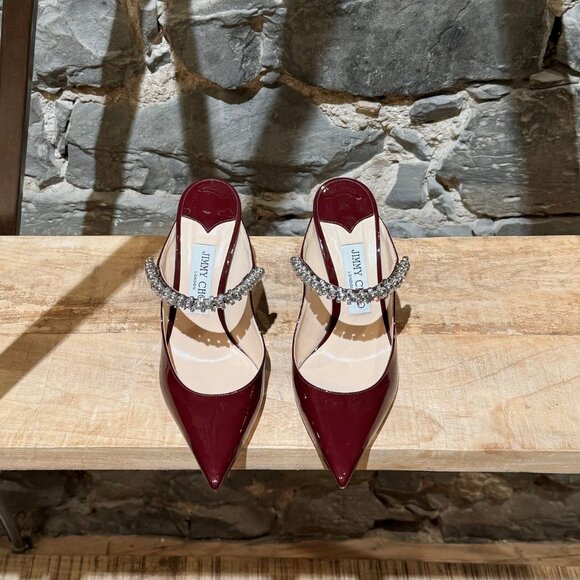 Jimmy Choo Burgundy Patent Bing 100 Crystal-Embellished Heeled Mules - Picture 3 of 11